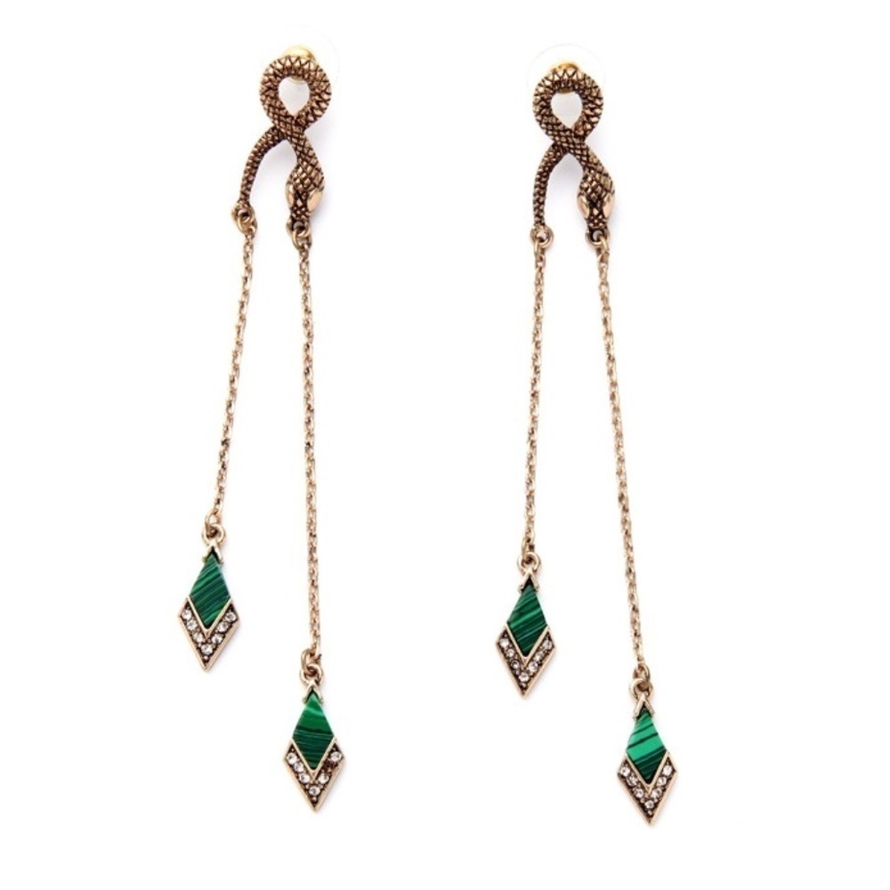Goldtone Snake Green Chain Drop Earrings
